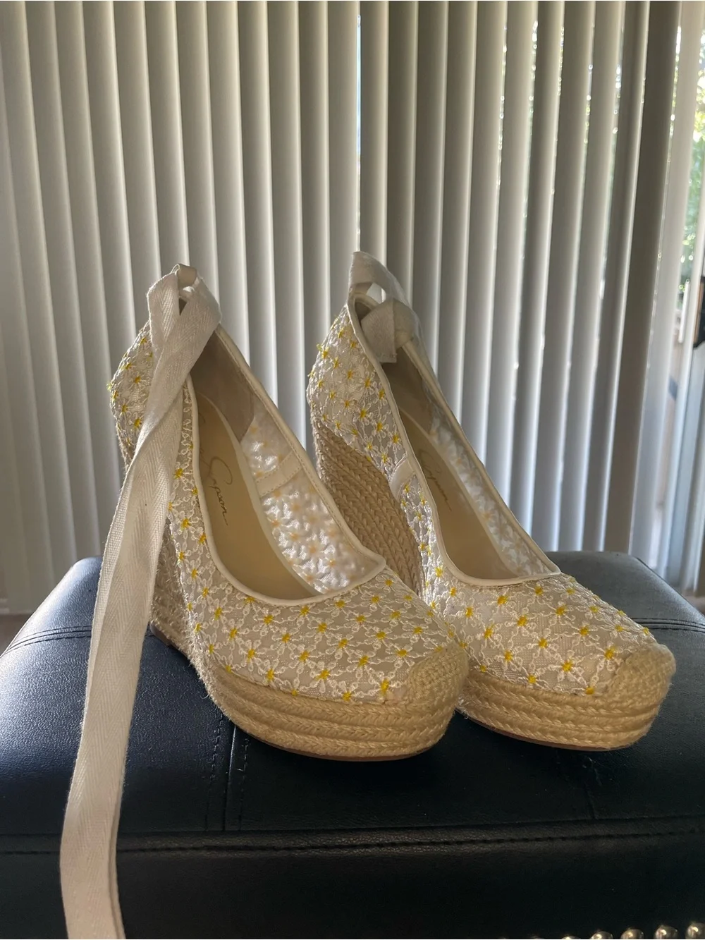 Jessica Simpson Cream Espadrille Wedges with Yellow Daisy Embroidery